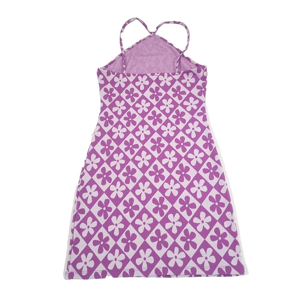 Forever 21 Retro Daisy Y2K halter Dress M Checkerboard Purple mod flower power - Picture 10 of 11